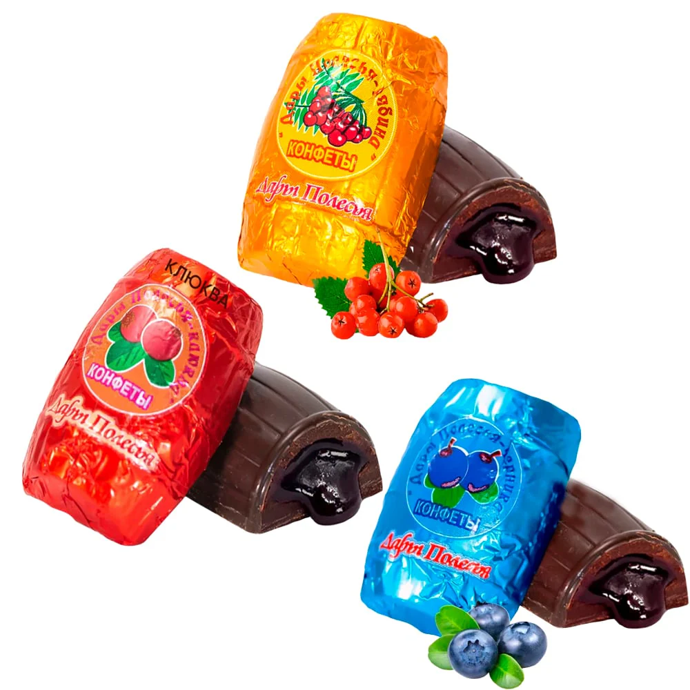 Assorted Chocolates with Cranberry, Blueberry, Mountain Ash Filling, "Dary Polesya", Spartak, 226g/ 7.97 oz