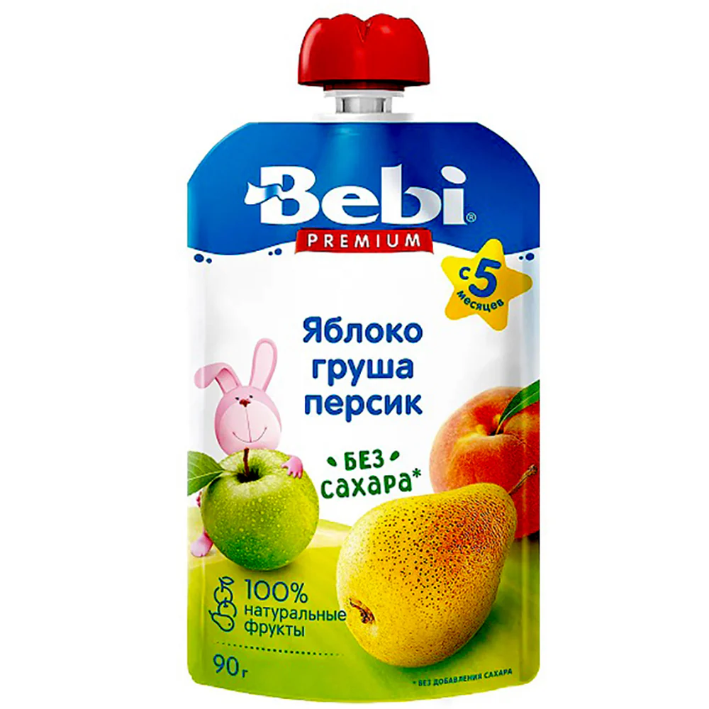 Baby Fruit Puree “Apple, Pear & Peach” 5+ SUGAR FREE, Bebi, 90g / 3.2 oz