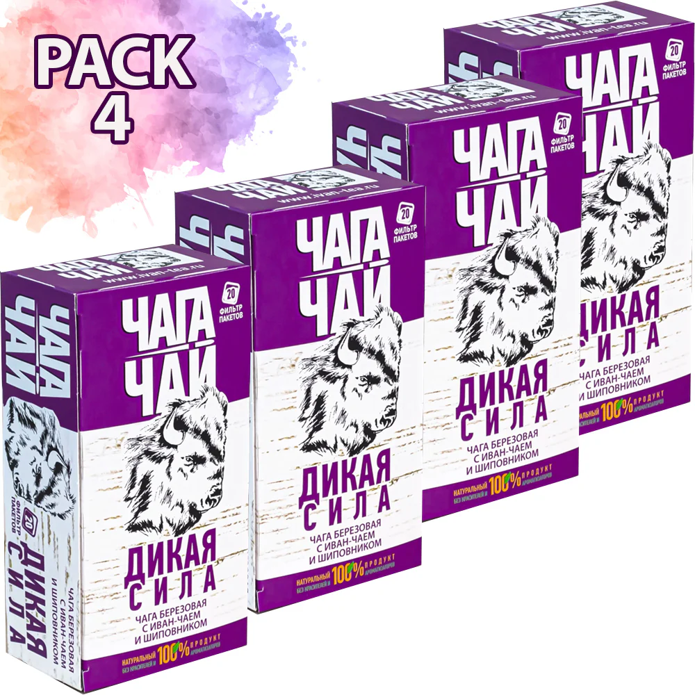 Pack 4 Chaga-Tea with Fermented Fireweeds & Rosehip "Wild Power", Russian Ivam Tea, 20 sachets x 4