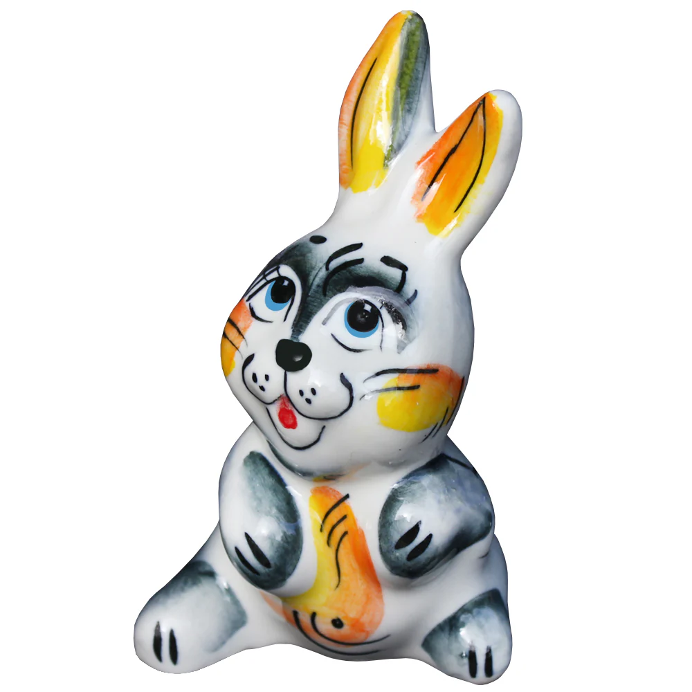 Ceramic Figurine Colorful Gzhel Playful Rabbit 4.13"