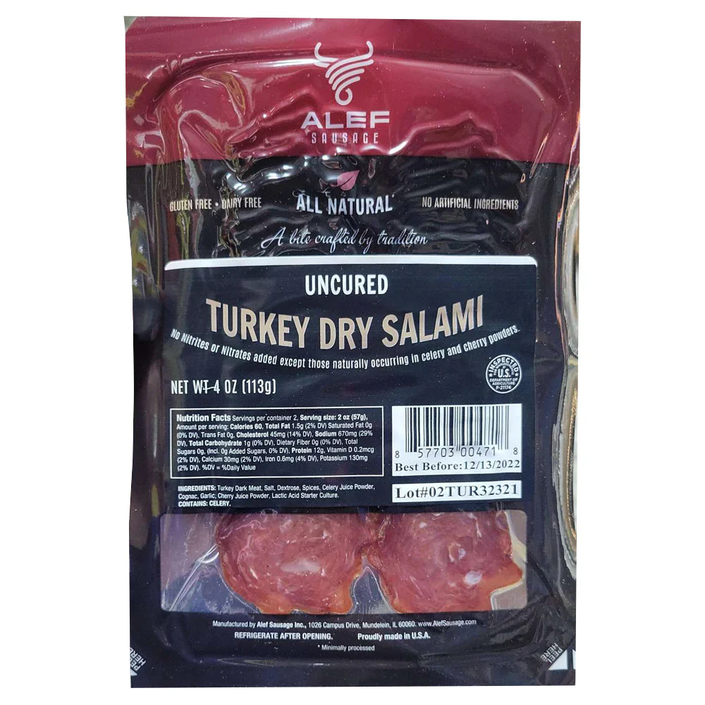 Uncured Sliced Turkey Dry Salami Alef 3.99 oz
